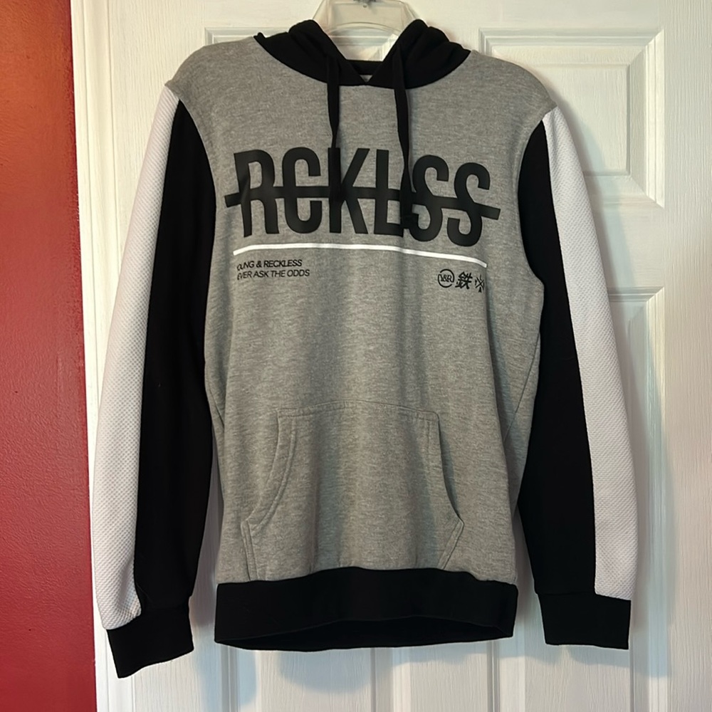 Grey, Black, and White Young & Reckless Sweatshirt. Men’s Small